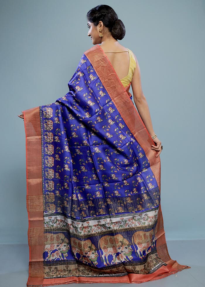 Blue Tussar Silk Saree With Blouse Piece - Indian Silk House Agencies