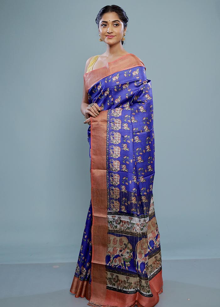 Blue Tussar Silk Saree With Blouse Piece - Indian Silk House Agencies