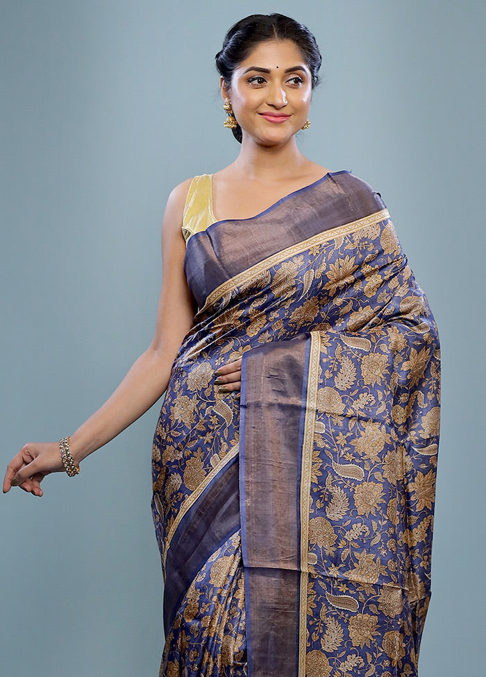 Blue Tussar Silk Saree With Blouse Piece - Indian Silk House Agencies