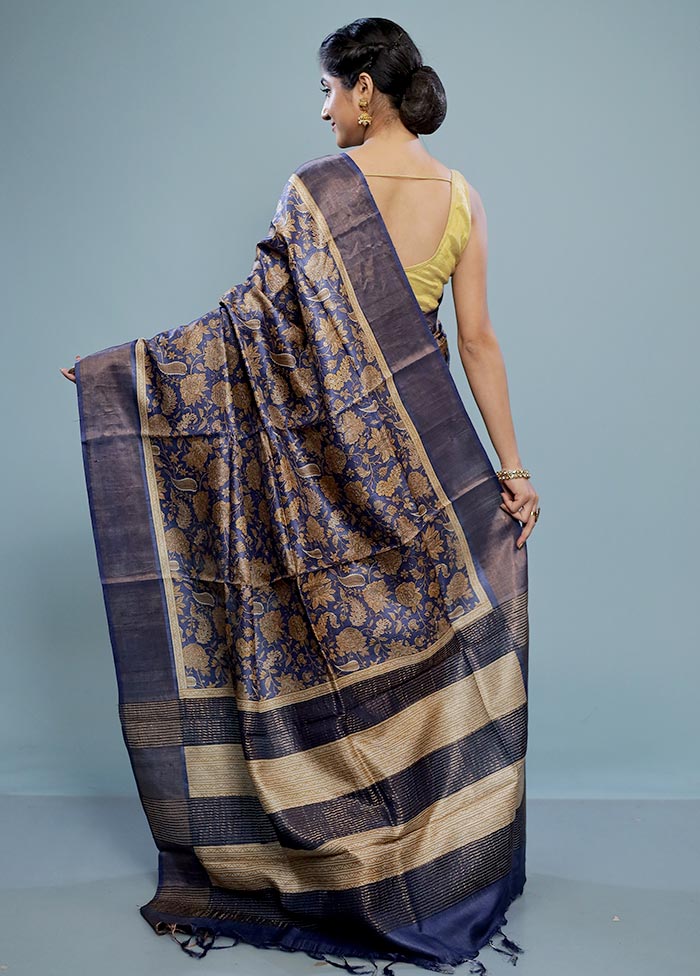 Blue Tussar Silk Saree With Blouse Piece - Indian Silk House Agencies