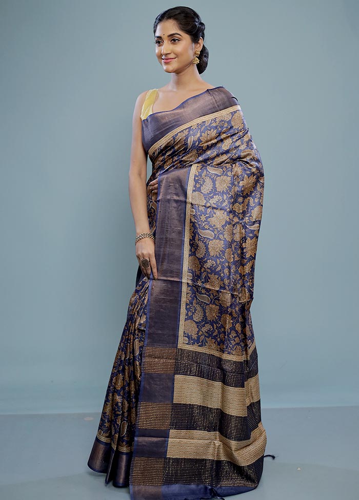 Blue Tussar Silk Saree With Blouse Piece - Indian Silk House Agencies