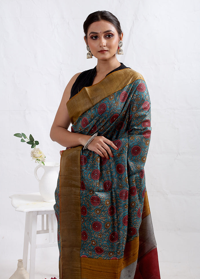 Blue Tussar Silk Saree With Blouse Piece - Indian Silk House Agencies