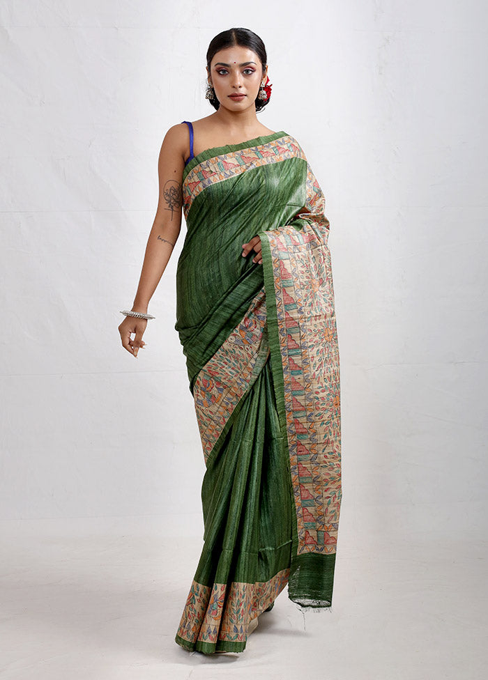 Green Madhubani Printed Tussar Silk Saree With Blouse Piece - Indian Silk House Agencies