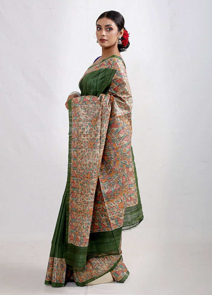 Green Madhubani Printed Tussar Silk Saree With Blouse Piece - Indian Silk House Agencies