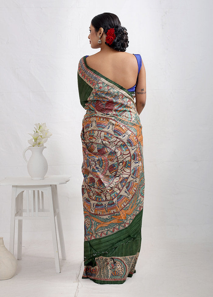 Green Madhubani Printed Tussar Silk Saree With Blouse Piece - Indian Silk House Agencies