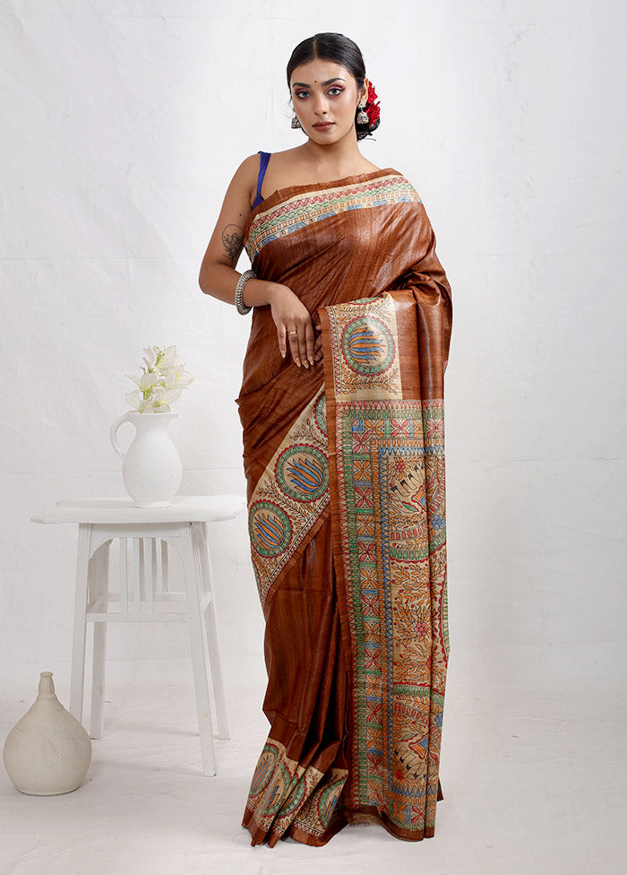 Rust Madhubani Printed Tussar Silk Saree With Blouse Piece - Indian Silk House Agencies