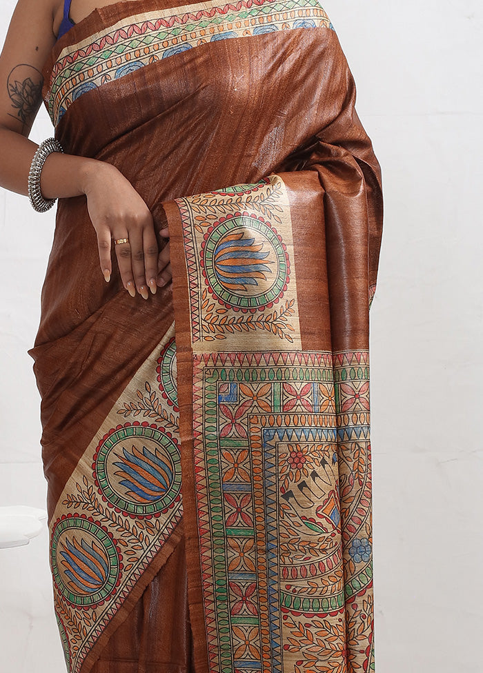 Rust Madhubani Printed Tussar Silk Saree With Blouse Piece - Indian Silk House Agencies