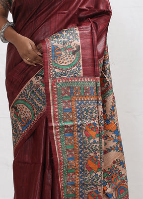 Red Madhubani Printed Tussar Silk Saree With Blouse Piece - Indian Silk House Agencies