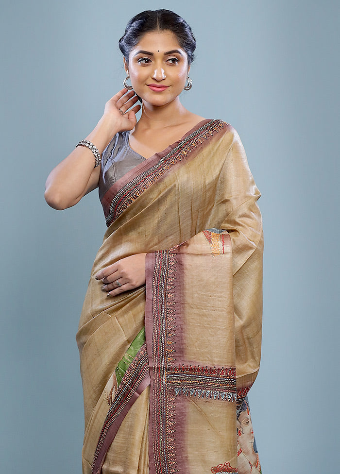 Cream Embroidered Tussar Silk Saree With Blouse Piece - Indian Silk House Agencies