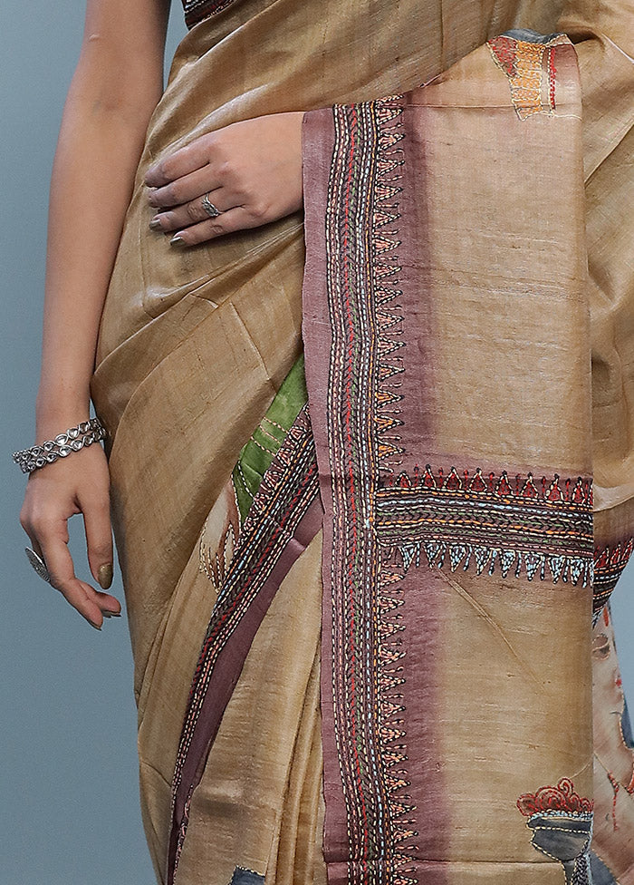 Cream Embroidered Tussar Silk Saree With Blouse Piece - Indian Silk House Agencies