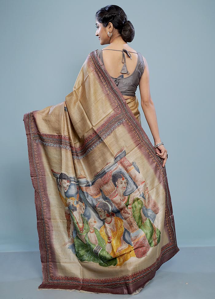 Cream Embroidered Tussar Silk Saree With Blouse Piece - Indian Silk House Agencies