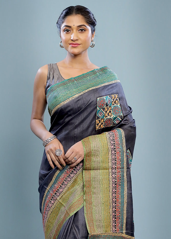 Black Embroidered Tussar Silk Saree With Blouse Piece - Indian Silk House Agencies