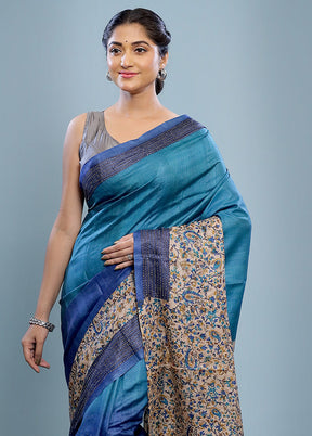 Blue Embroidered Tussar Silk Saree With Blouse Piece - Indian Silk House Agencies