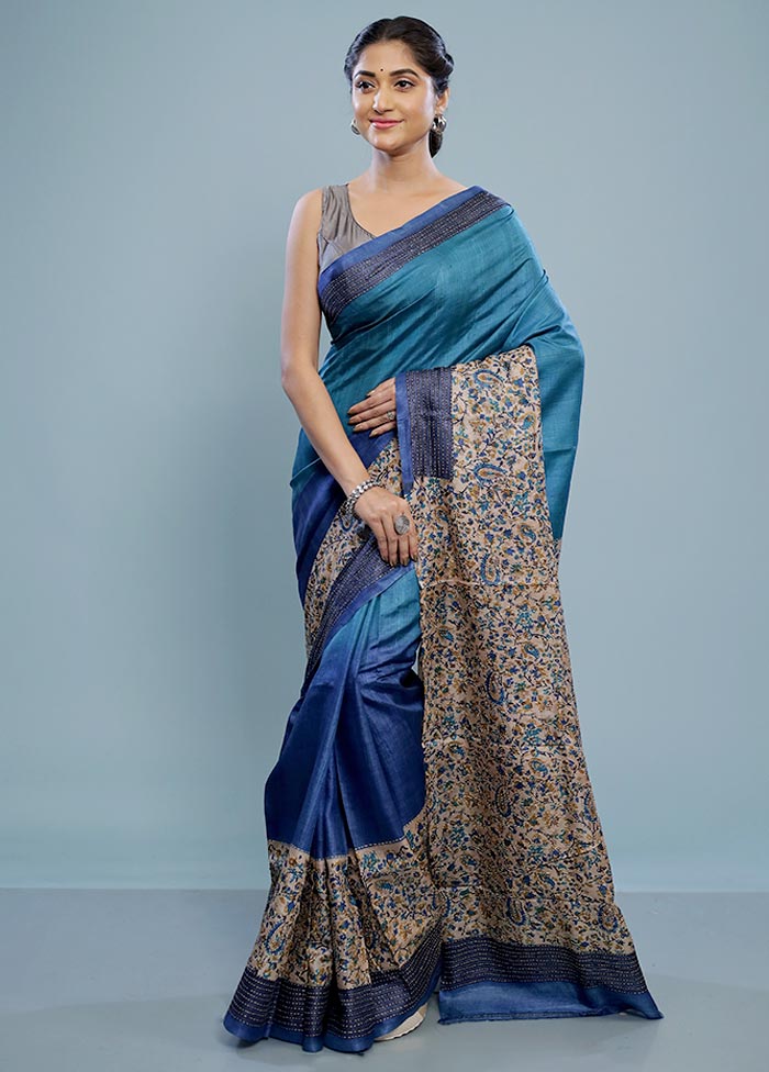 Blue Embroidered Tussar Silk Saree With Blouse Piece - Indian Silk House Agencies