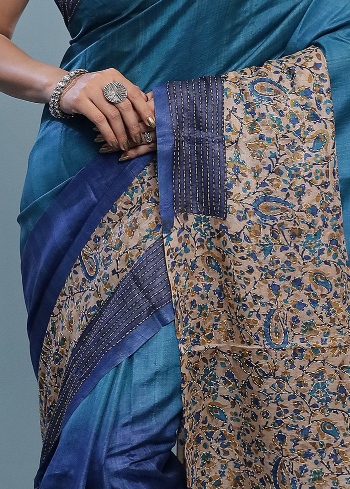 Blue Embroidered Tussar Silk Saree With Blouse Piece - Indian Silk House Agencies