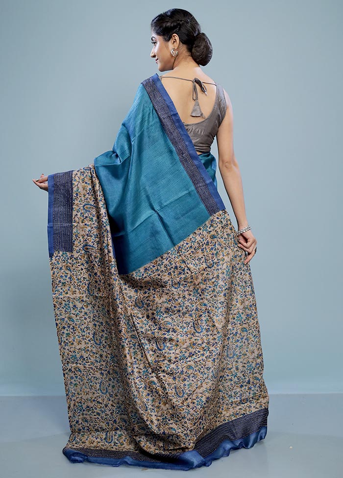 Blue Embroidered Tussar Silk Saree With Blouse Piece - Indian Silk House Agencies