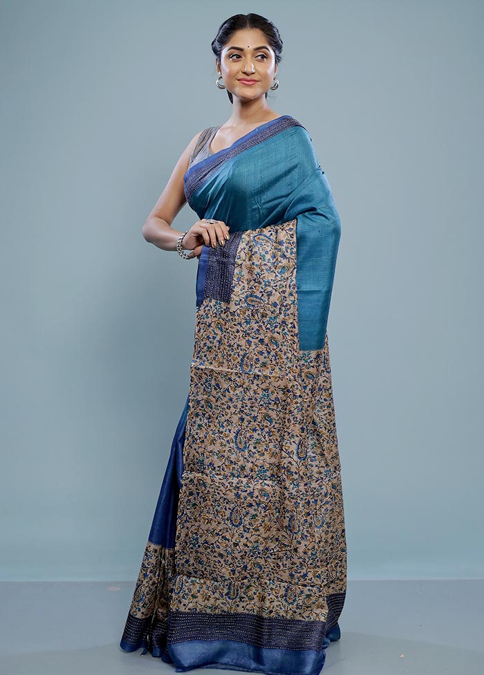 Blue Embroidered Tussar Silk Saree With Blouse Piece - Indian Silk House Agencies