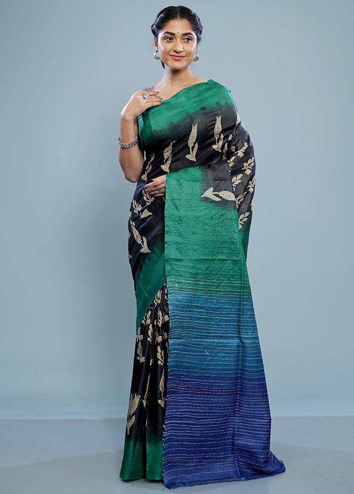 Black Tussar Silk Saree With Blouse Piece - Indian Silk House Agencies