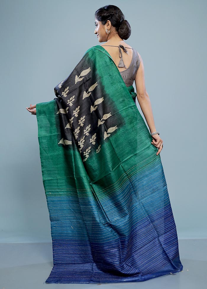 Black Tussar Silk Saree With Blouse Piece - Indian Silk House Agencies