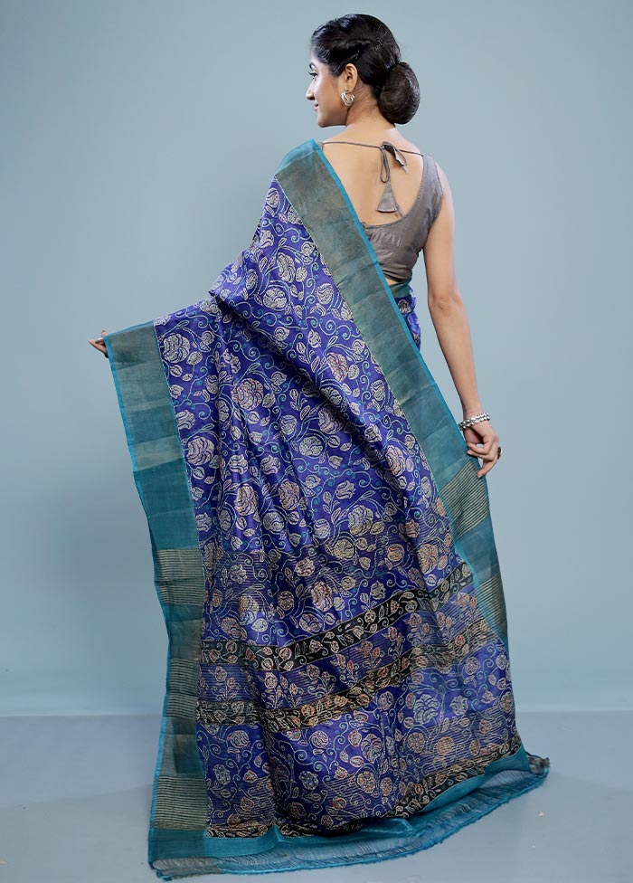 Blue Tussar Silk Saree With Blouse Piece - Indian Silk House Agencies