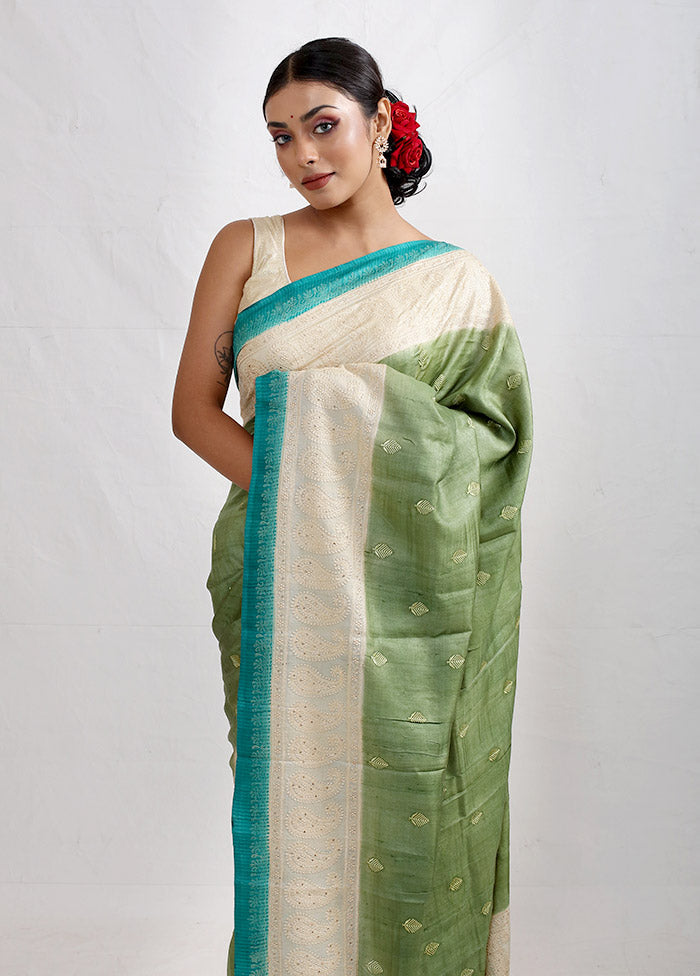 Green Embroidered Tussar Silk Saree With Blouse Piece - Indian Silk House Agencies