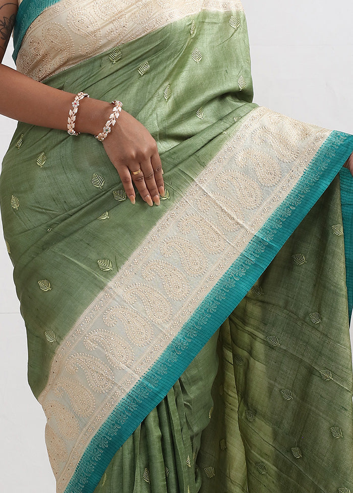 Green Embroidered Tussar Silk Saree With Blouse Piece - Indian Silk House Agencies