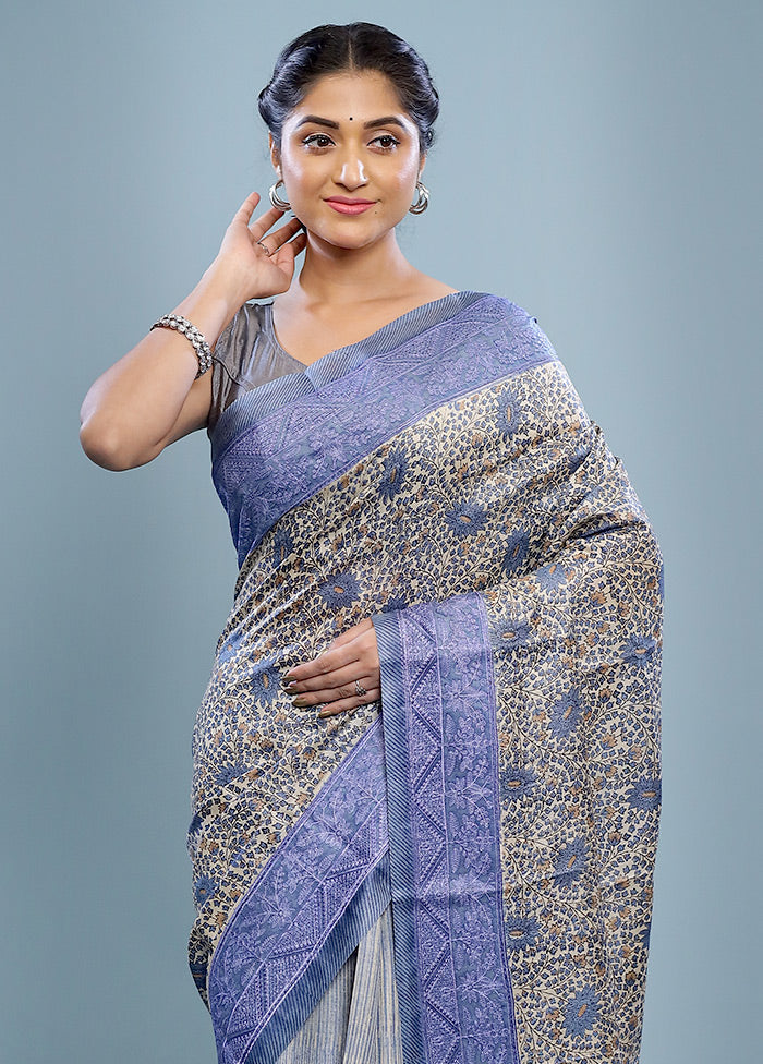 Cream Embroidered Tussar Silk Saree With Blouse Piece - Indian Silk House Agencies