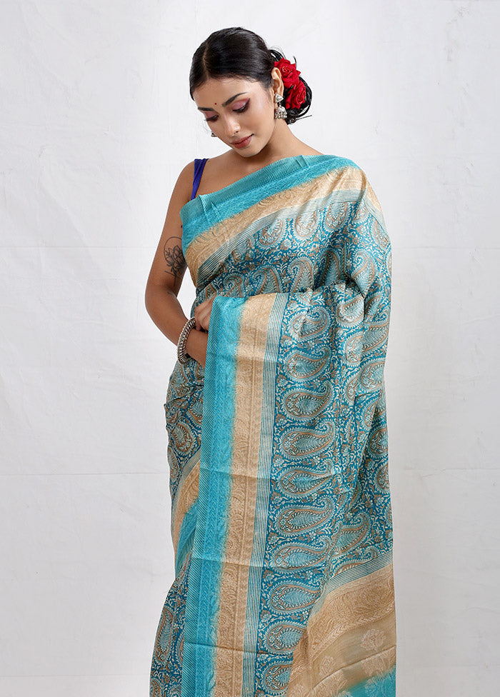 Blue Embroidered Tussar Silk Saree With Blouse Piece - Indian Silk House Agencies