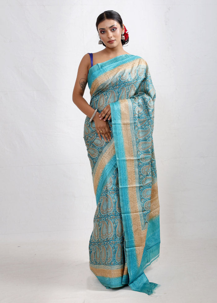 Blue Embroidered Tussar Silk Saree With Blouse Piece - Indian Silk House Agencies