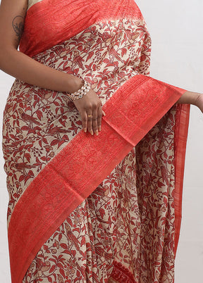 Cream Embroidered Tussar Silk Saree With Blouse Piece - Indian Silk House Agencies