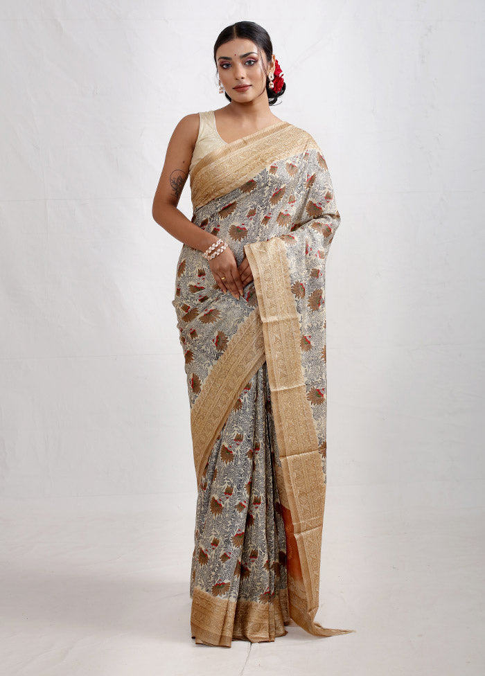 Cream Embroidered Tussar Silk Saree With Blouse Piece - Indian Silk House Agencies