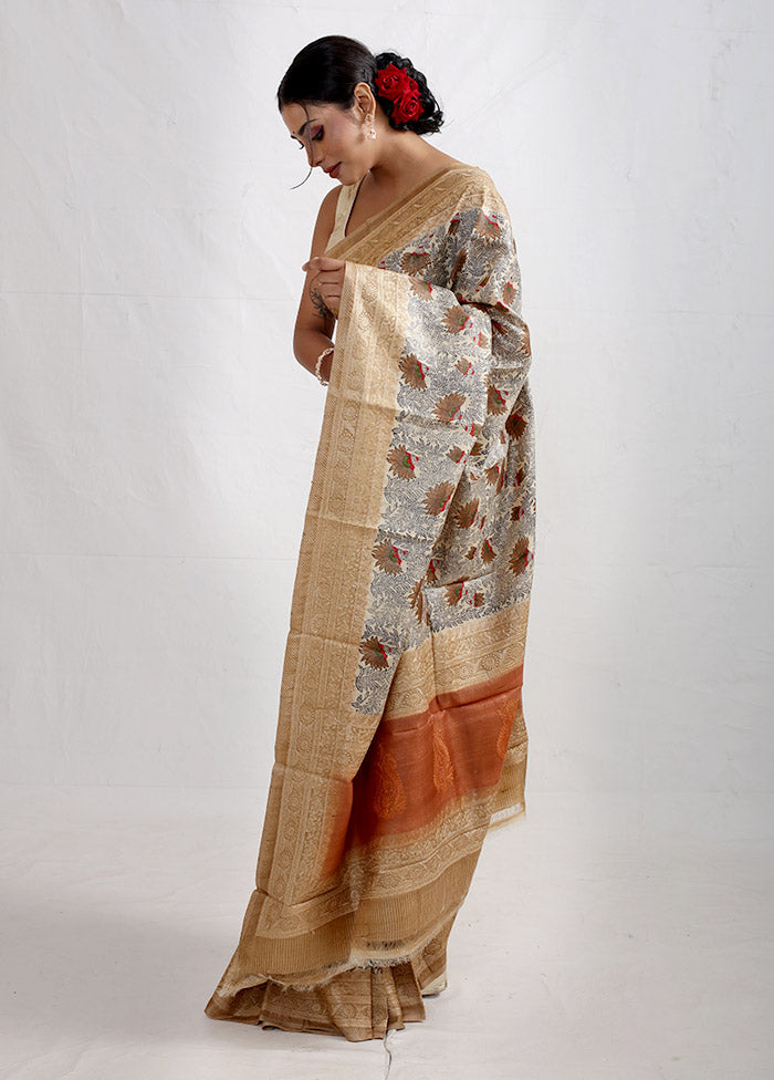 Cream Embroidered Tussar Silk Saree With Blouse Piece - Indian Silk House Agencies