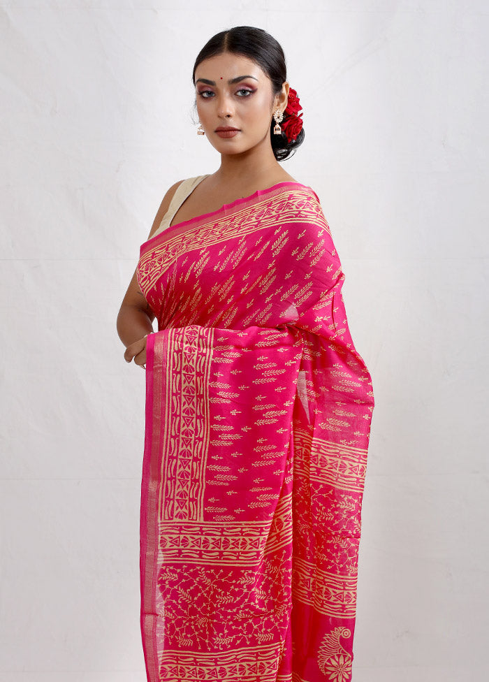 Pink Chanderi Cotton Saree With Blouse Piece - Indian Silk House Agencies