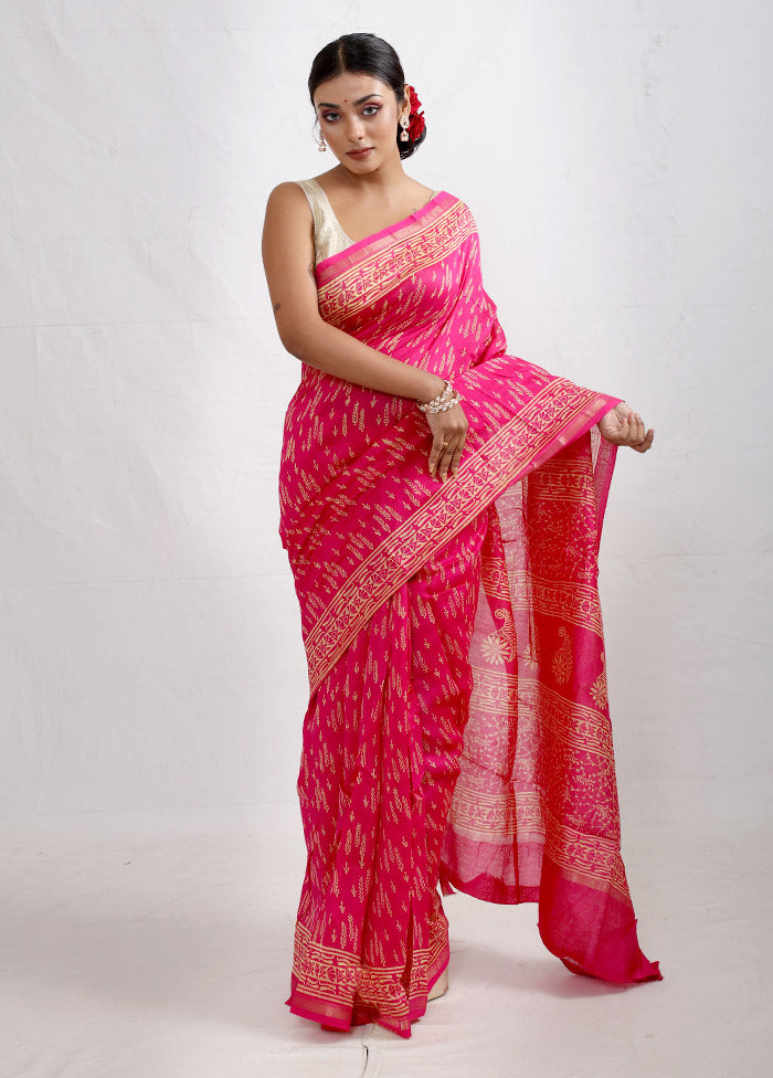 Pink Chanderi Cotton Saree With Blouse Piece - Indian Silk House Agencies