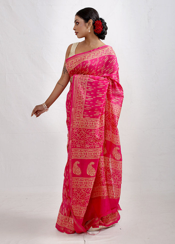 Pink Chanderi Cotton Saree With Blouse Piece - Indian Silk House Agencies