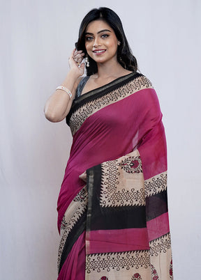 Pink Chanderi Cotton Saree With Blouse Piece - Indian Silk House Agencies