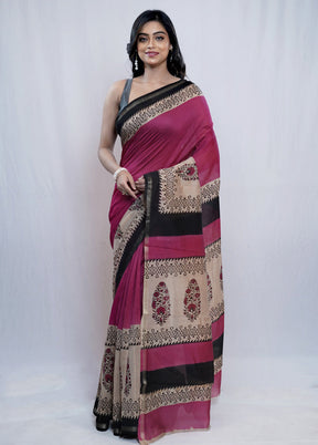 Pink Chanderi Cotton Saree With Blouse Piece - Indian Silk House Agencies