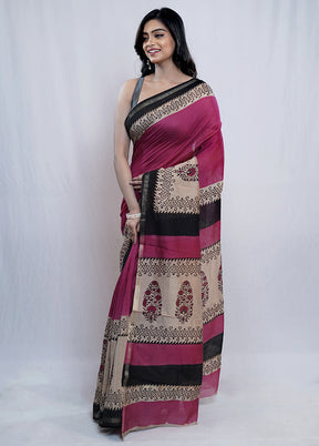 Pink Chanderi Cotton Saree With Blouse Piece - Indian Silk House Agencies