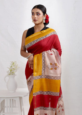 Red Chanderi Cotton Saree With Blouse Piece - Indian Silk House Agencies