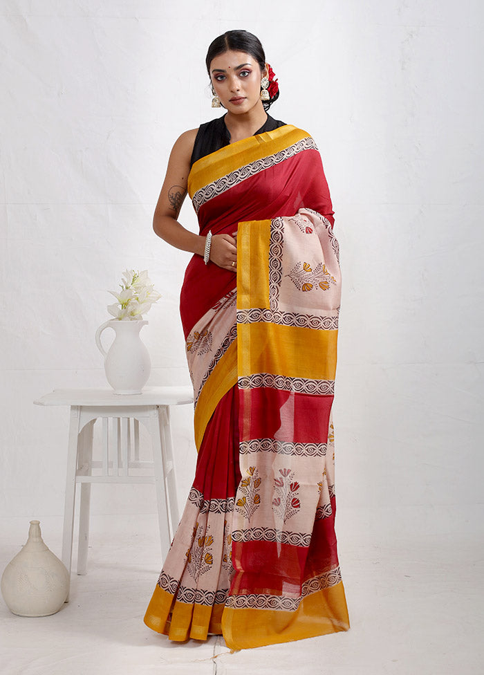 Red Chanderi Cotton Saree With Blouse Piece - Indian Silk House Agencies