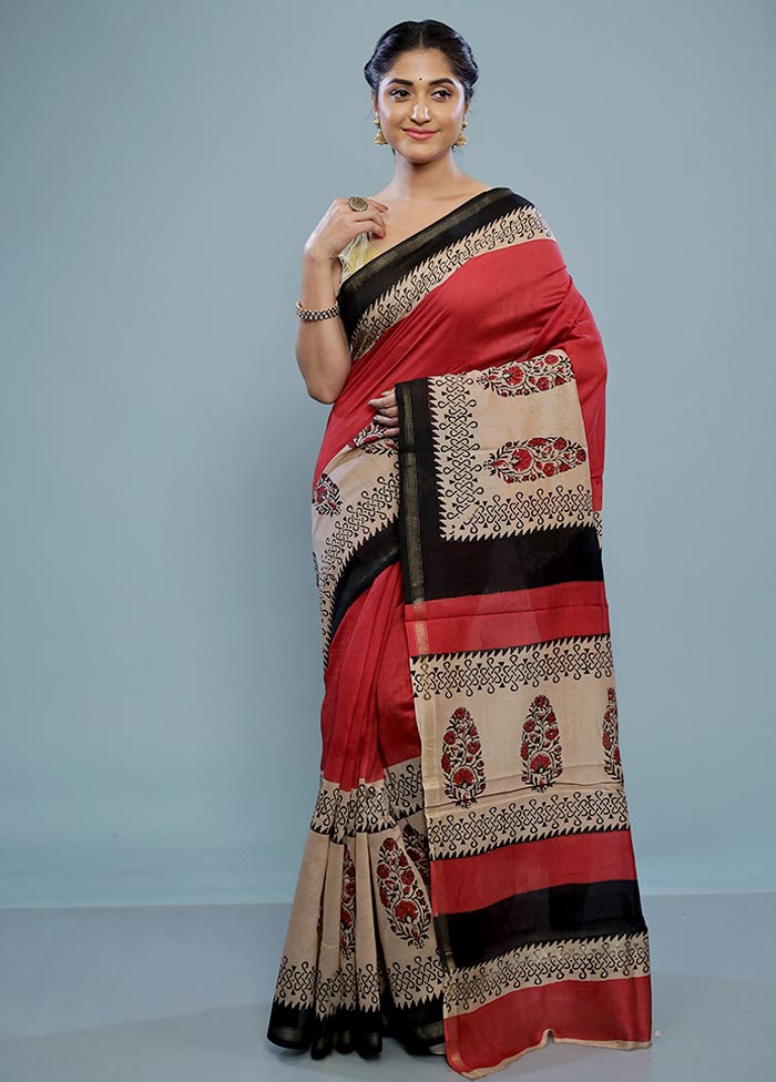 Red Chanderi Cotton Saree With Blouse Piece - Indian Silk House Agencies