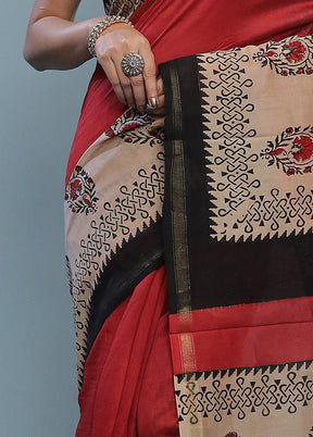 Red Chanderi Cotton Saree With Blouse Piece - Indian Silk House Agencies