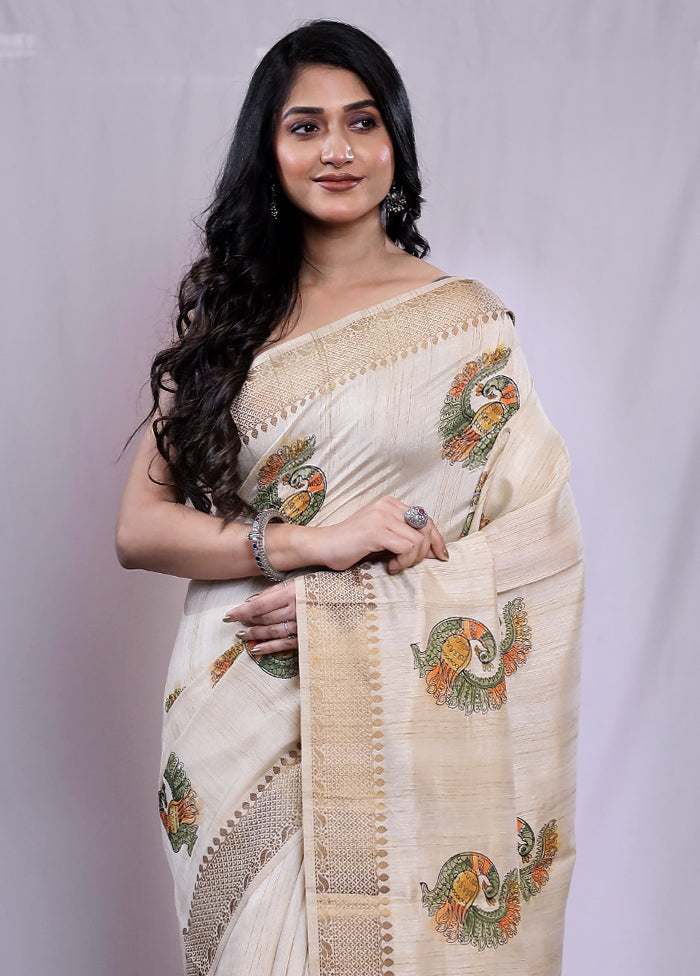 Cream Tussar Silk Saree With Blouse Piece - Indian Silk House Agencies