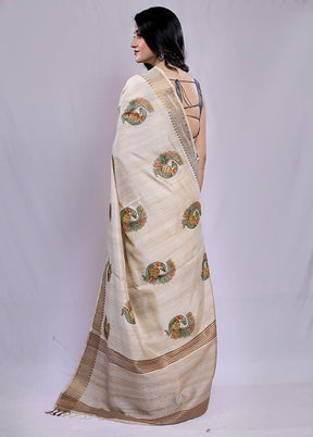 Cream Tussar Silk Saree With Blouse Piece - Indian Silk House Agencies