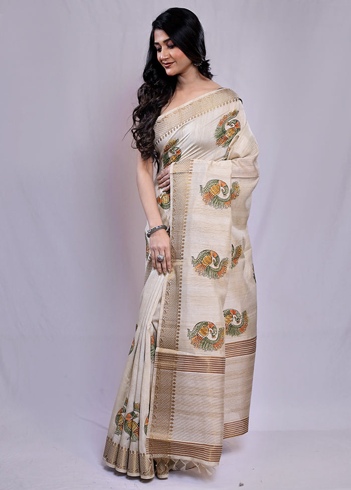 Cream Tussar Silk Saree With Blouse Piece - Indian Silk House Agencies