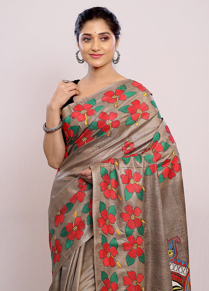 Cream Kantha Stitch Pure Silk Saree With Blouse Piece - Indian Silk House Agencies