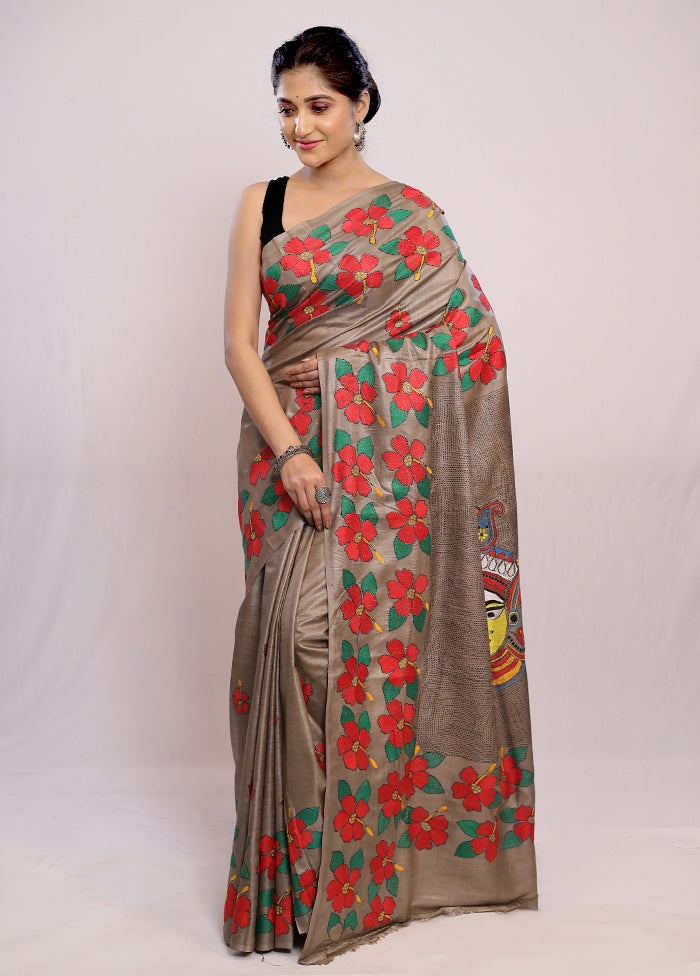 Cream Kantha Stitch Pure Silk Saree With Blouse Piece - Indian Silk House Agencies