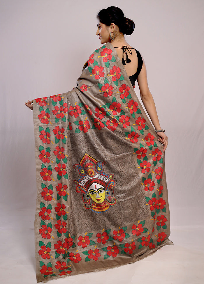 Cream Kantha Stitch Pure Silk Saree With Blouse Piece - Indian Silk House Agencies