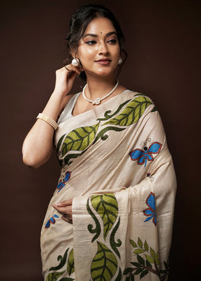 Cream Kantha Stitch Pure Silk Saree With Blouse Piece - Indian Silk House Agencies