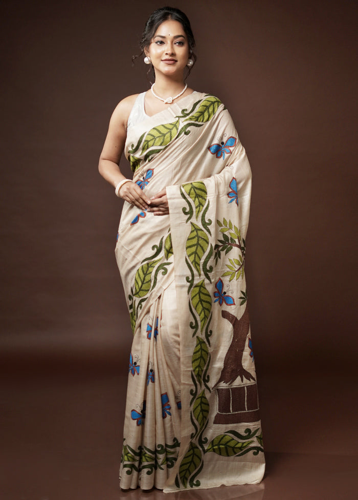 Cream Kantha Stitch Pure Silk Saree With Blouse Piece - Indian Silk House Agencies